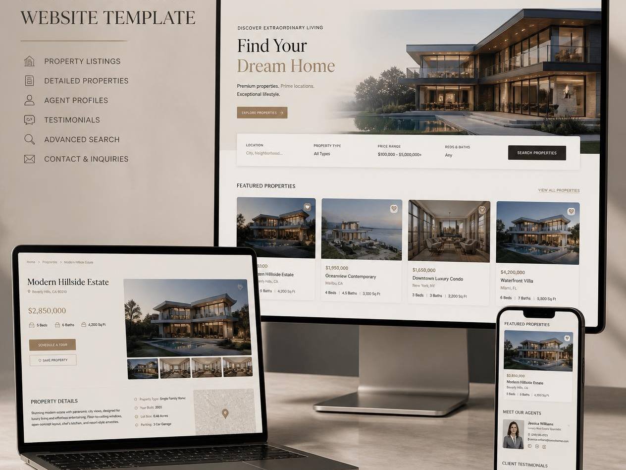 Property listings and a property detail page across devices