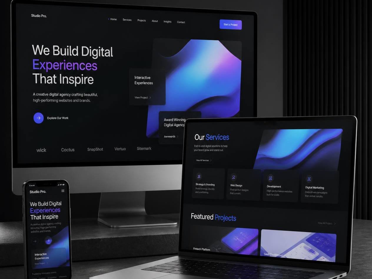 Creative agency homepage on desktop, laptop and phone