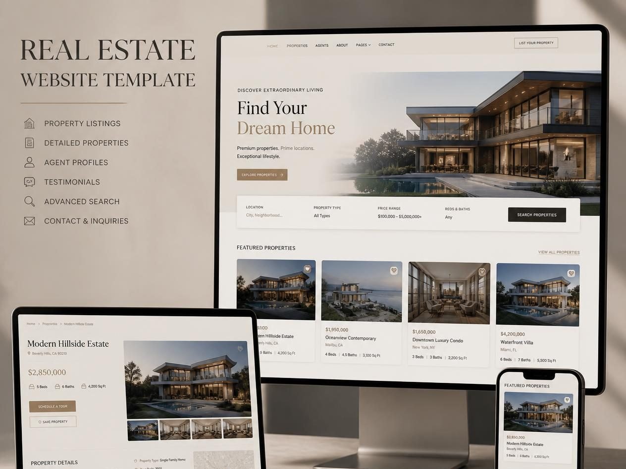 Luxury real estate website with property search and listing detail on desktop, laptop and phone