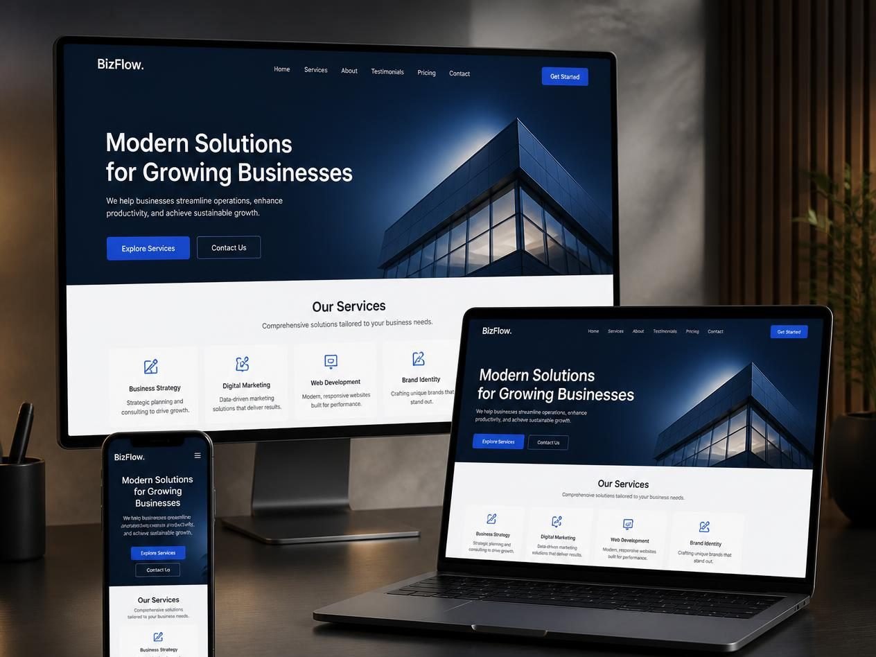 Corporate business services homepage with service cards and pricing on desktop, laptop and phone