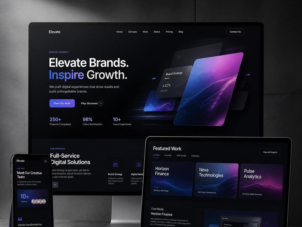 Growth agency homepage with results metrics and case studies on desktop, laptop and phone