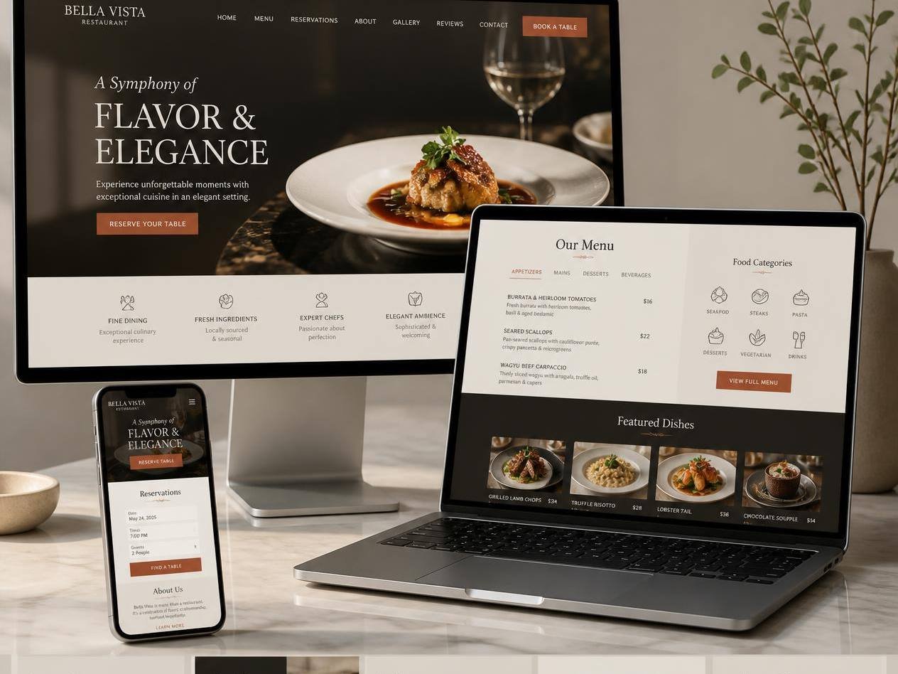 Restaurant homepage, menu and reservation pages across devices