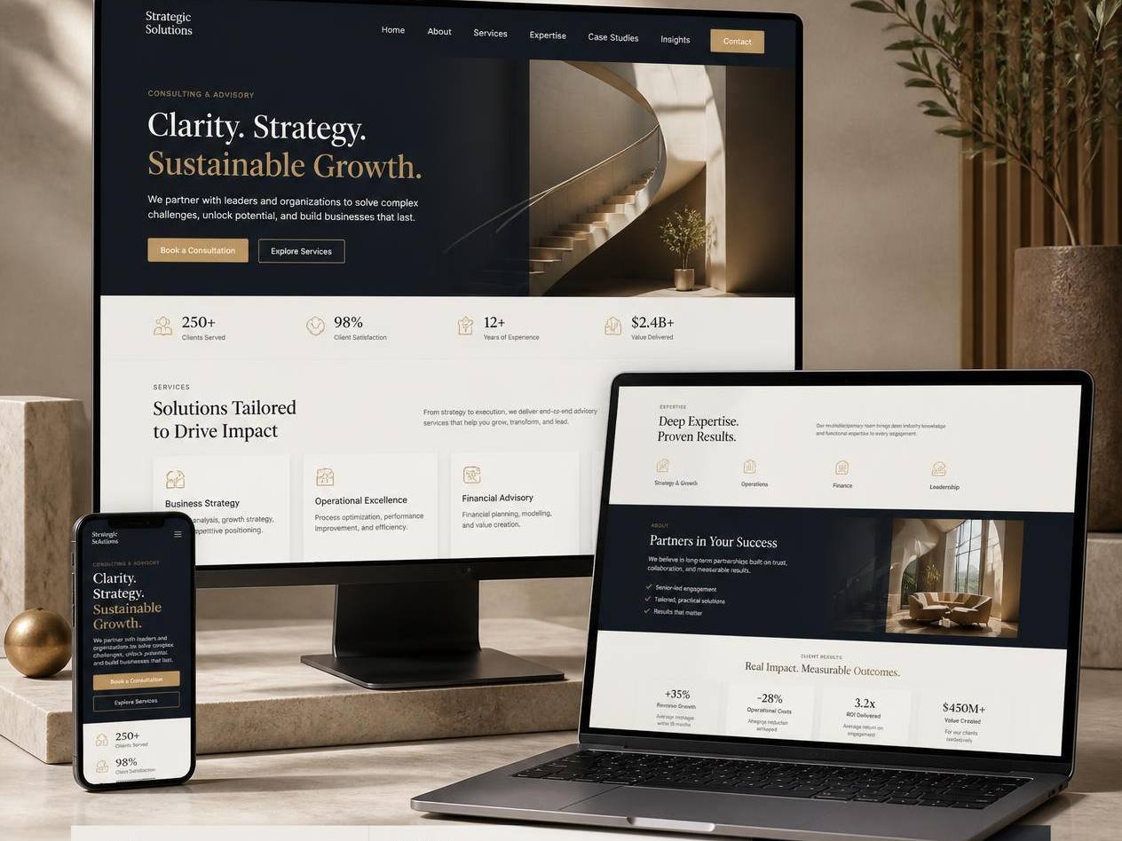 Consulting firm homepage across desktop, laptop and phone