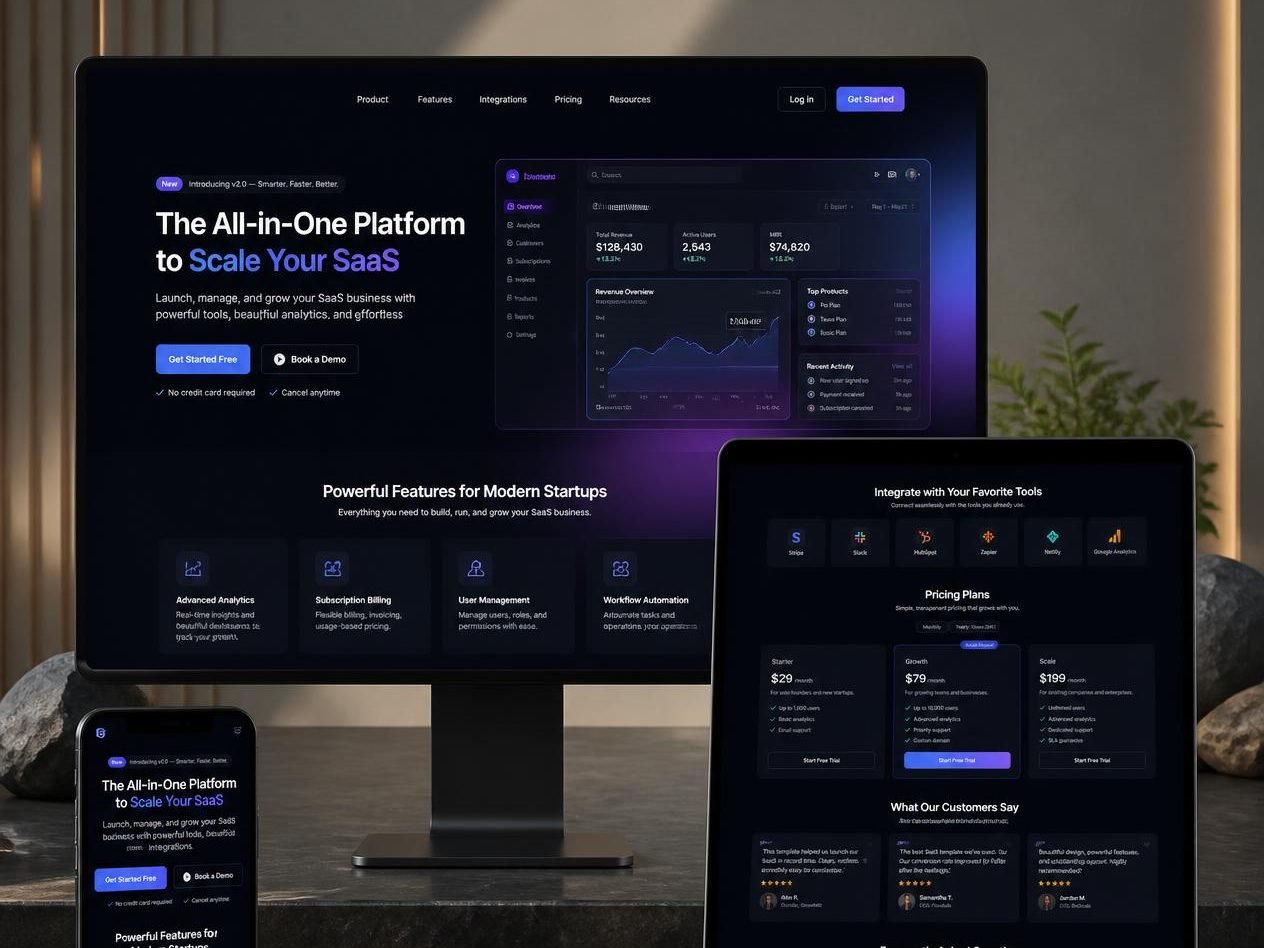 SaaS platform website with billing dashboard shown on desktop, laptop and phone