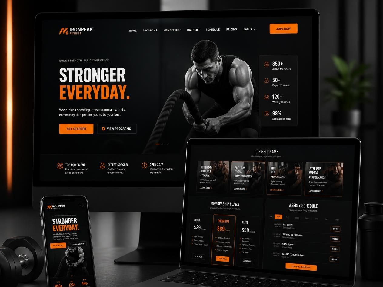Gym website homepage with programmes, membership plans and class schedule on desktop, laptop and phone