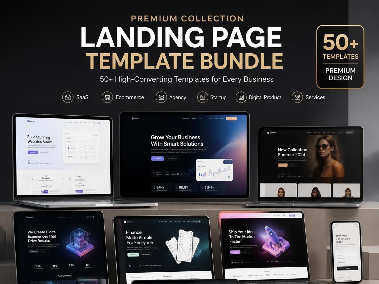 Landing page template bundle shown across laptops, monitors, tablets and phones