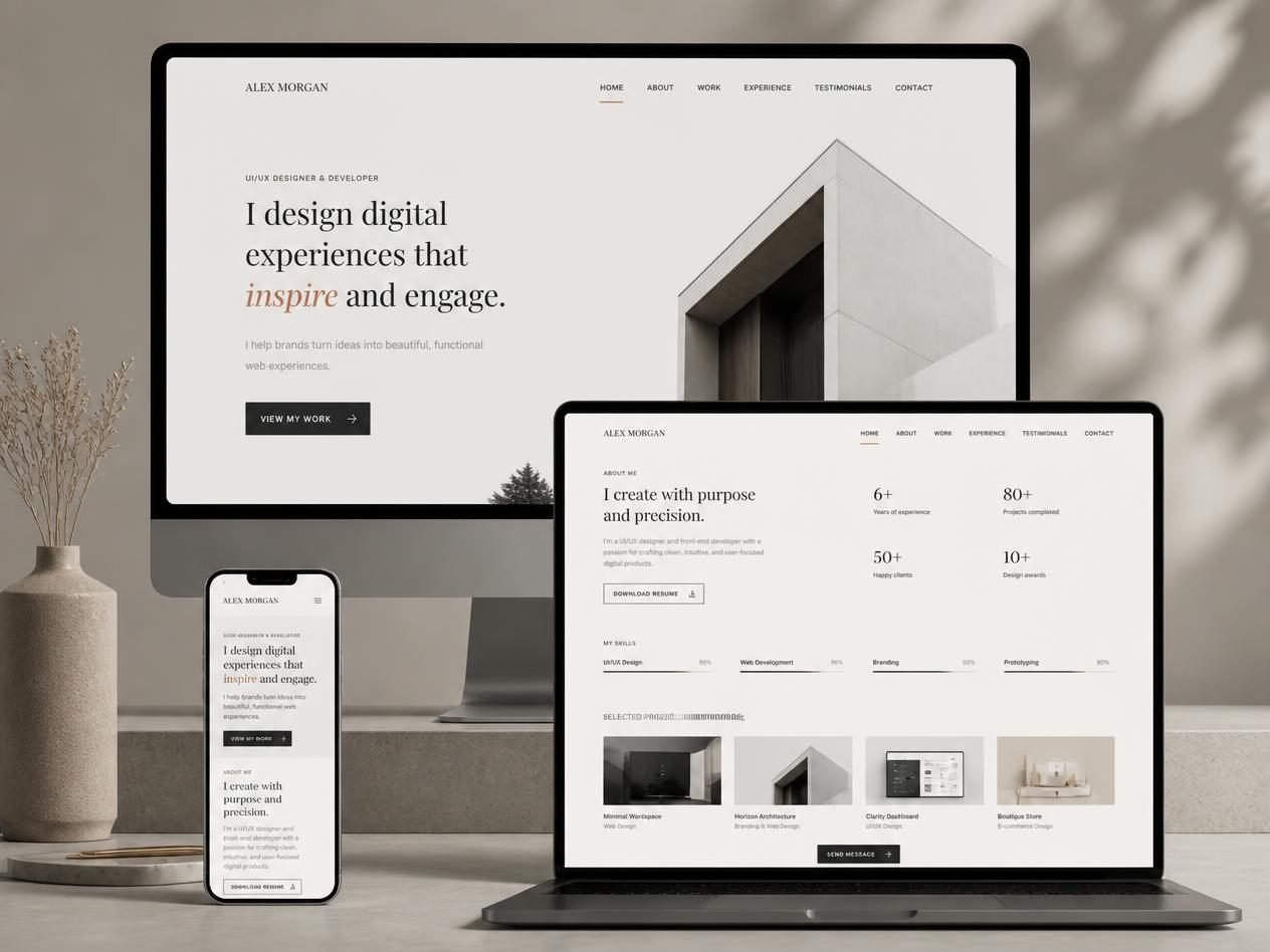 Minimal personal portfolio homepage with experience timeline on desktop, laptop and phone