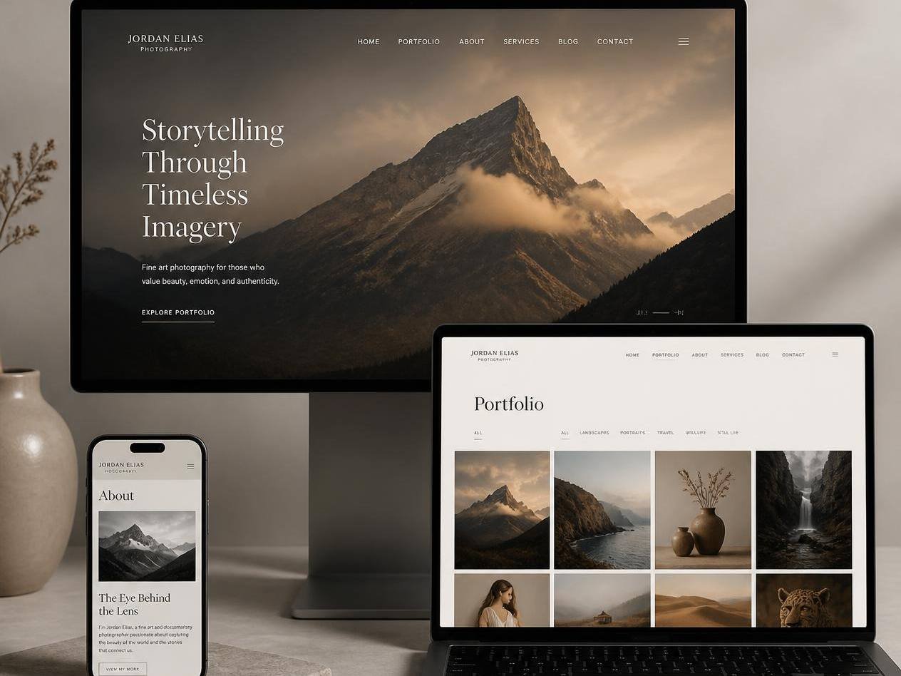 Photography portfolio homepage on desktop, laptop and phone