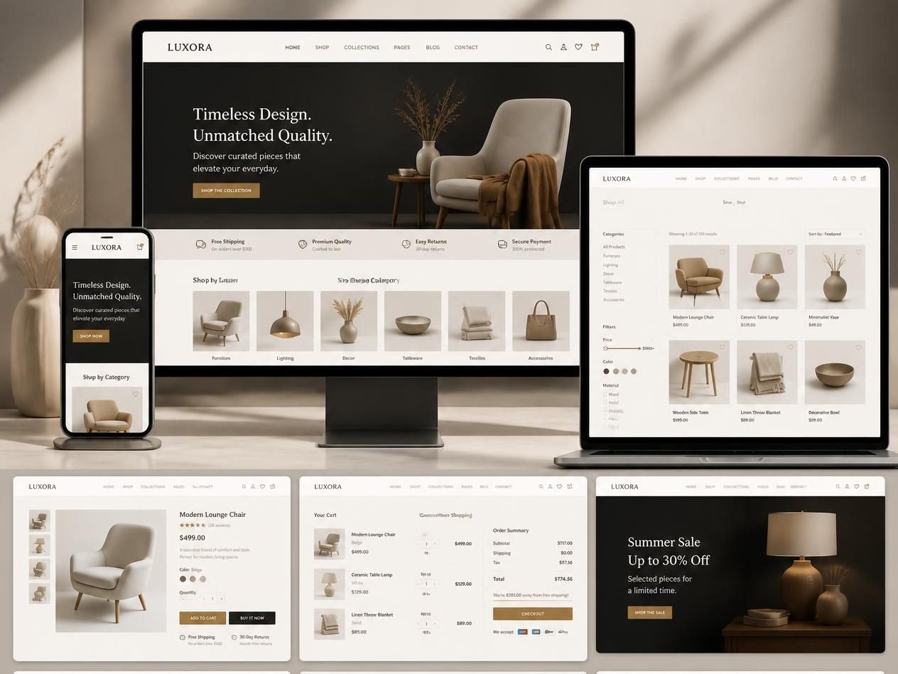 Homeware store homepage, product page, cart and checkout shown across desktop, laptop and phone