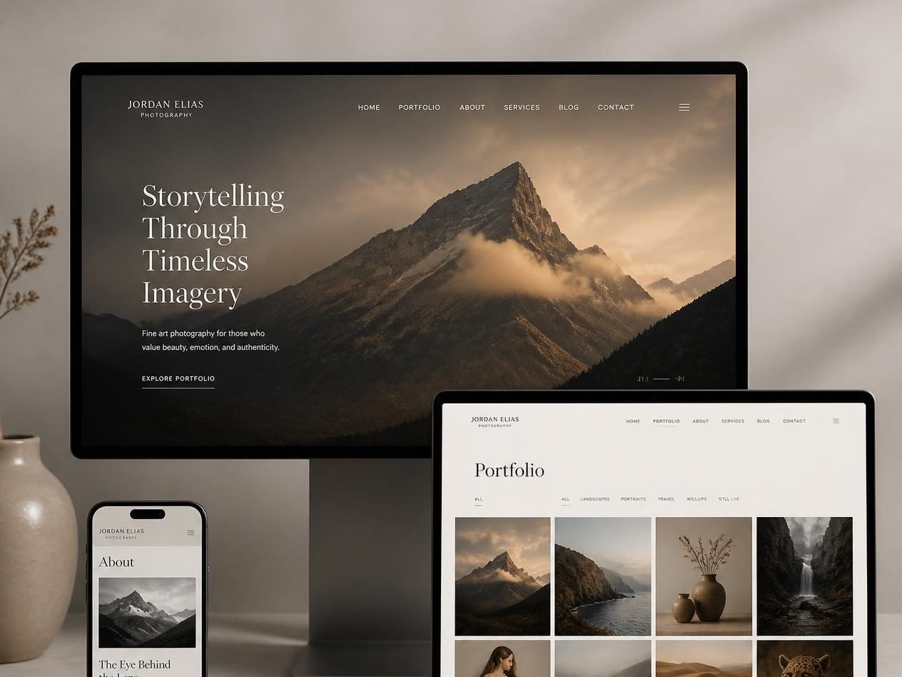 Photography portfolio homepage with landscape hero and gallery grid on desktop, laptop and phone