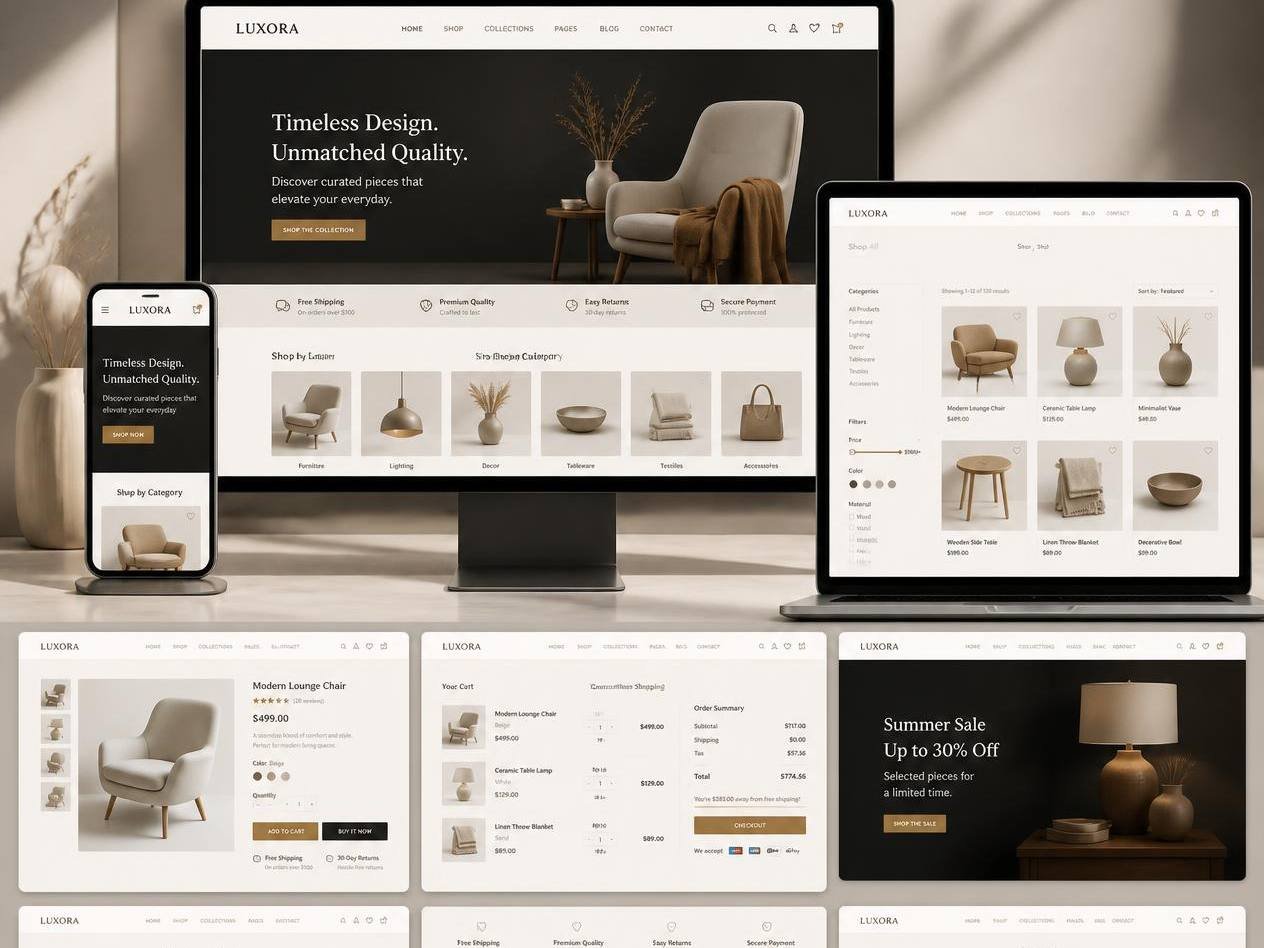 Boutique storefront, product, cart and checkout pages