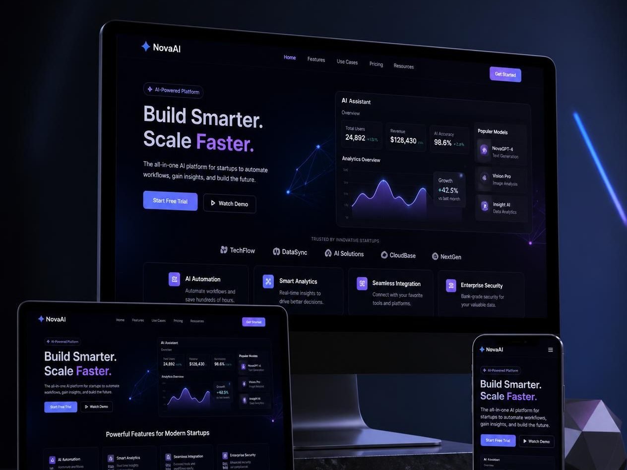 AI startup landing page with product dashboard on desktop, laptop and phone