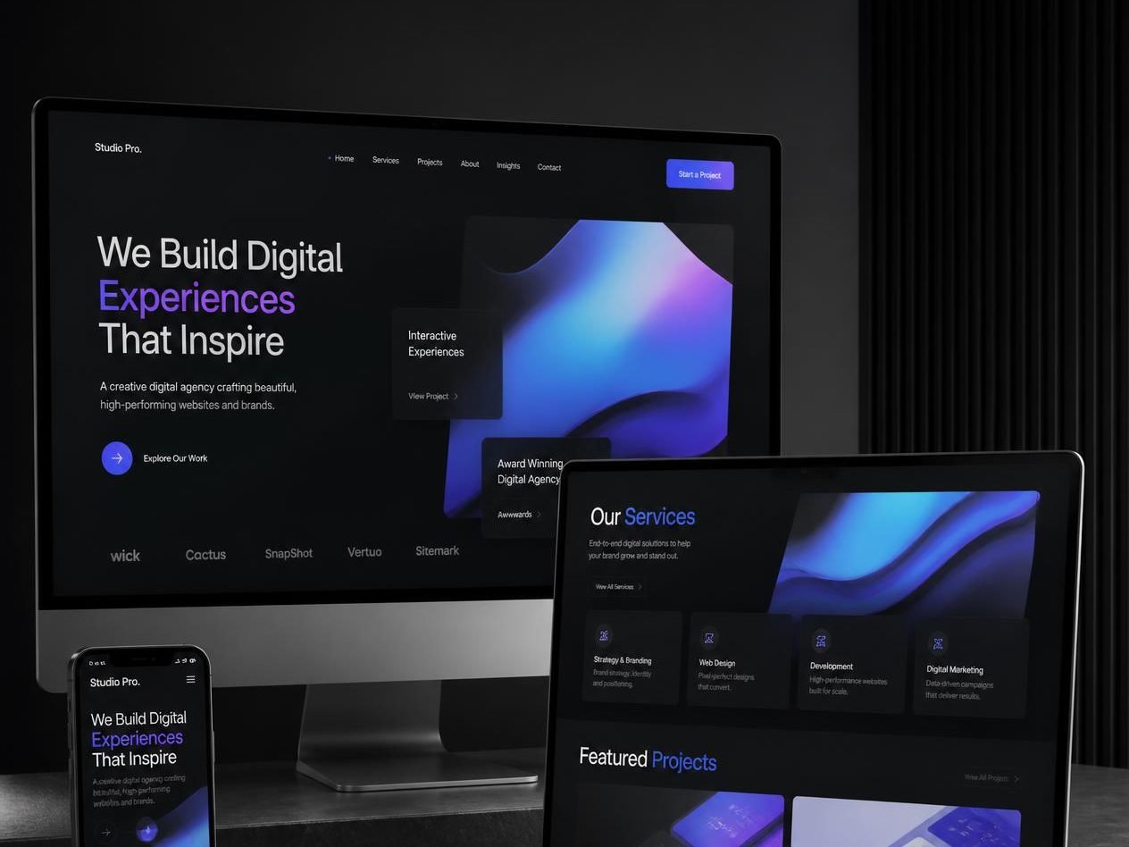 Dark digital agency homepage with gradient artwork on desktop, laptop and phone