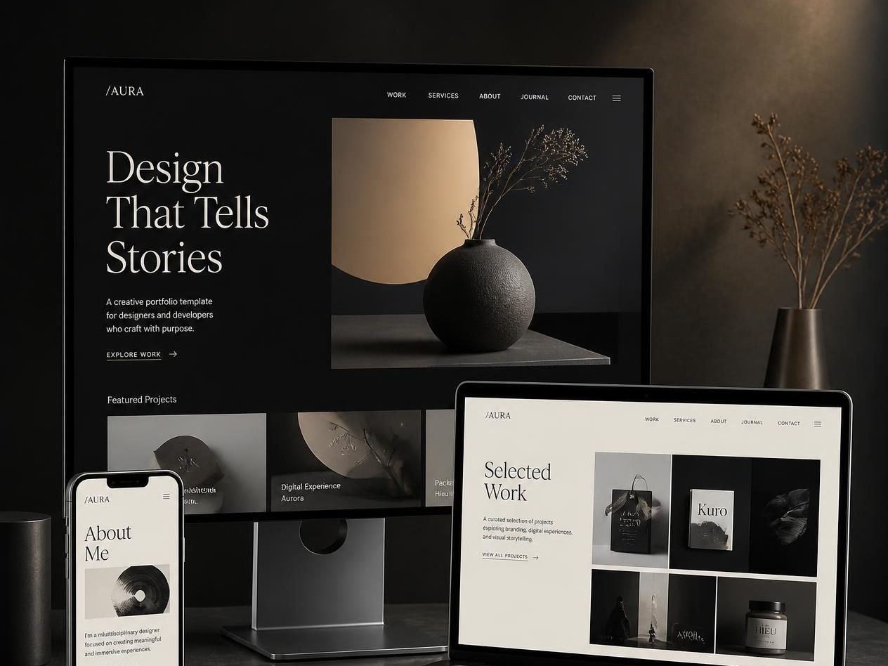 Dark editorial portfolio homepage with still-life photography on desktop, laptop and phone