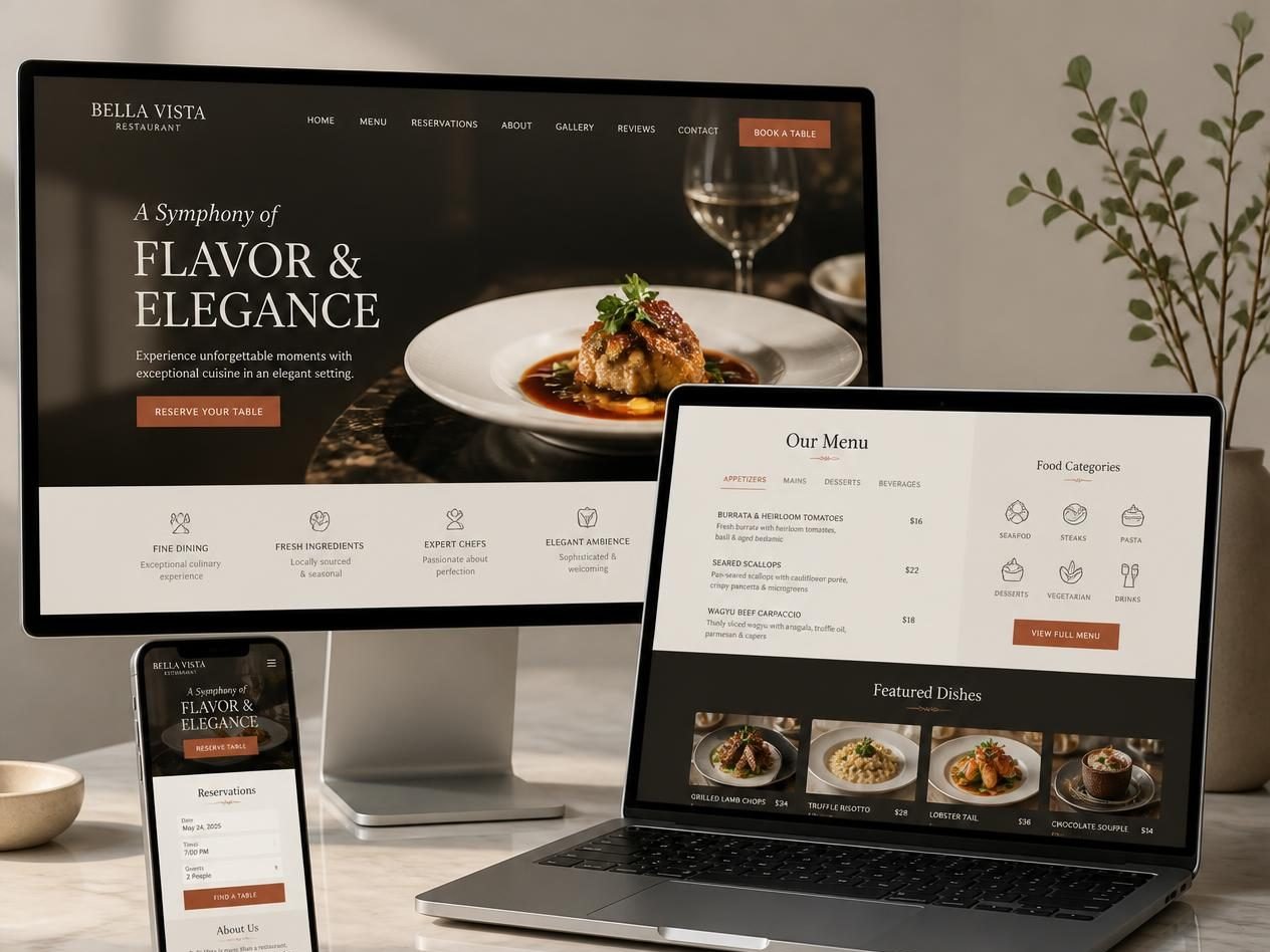 Fine dining restaurant homepage, menu and reservation pages on desktop, laptop and phone