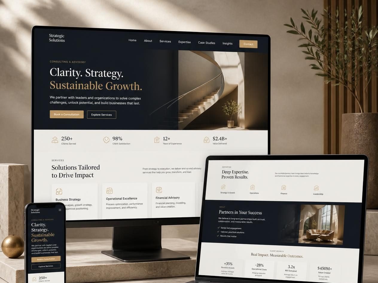 Consulting firm homepage with engagement metrics and case studies on desktop, laptop and phone